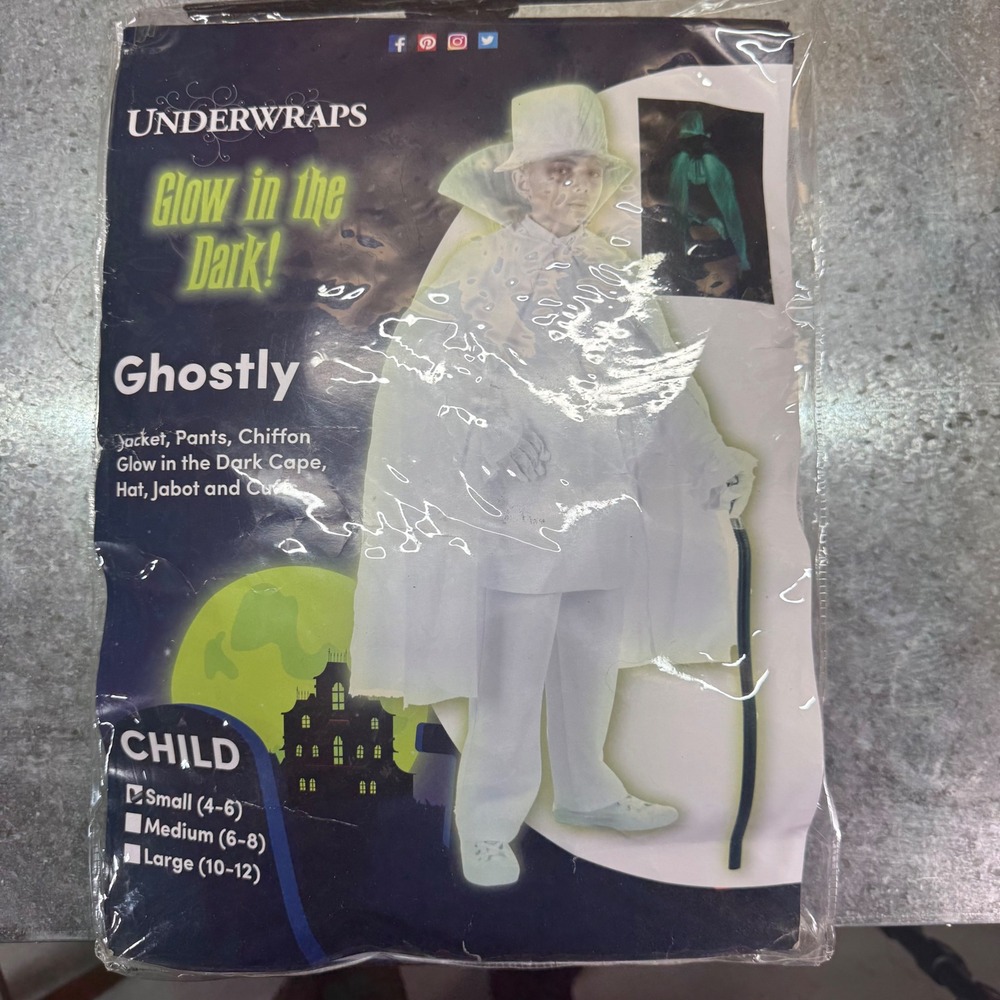 Underwraps Ghostly Costume Child Small 4-6 White Glow in the Dark Cape 6pc Set